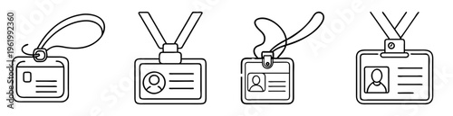Set of four employee identity cards with lanyard in outline style