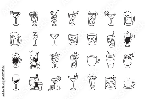 Drinks Collection Set, Cocktails Coffee Beer and Beverages Line Art Illustration