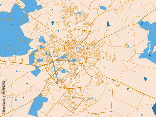 Vászonkép City layout poster — Evora, Portugal – golden linework with blue water