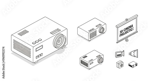 A collection of isometric line art illustrations showing various digital media projector hardware