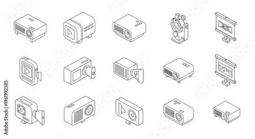 A collection of fifteen isometric line art icons representing various digital video projectors