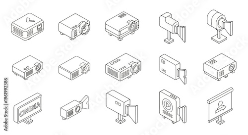 A collection of isometric line art icons depicting various digital video projectors and cameras