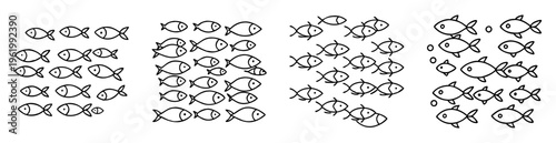 Minimalist line drawing of four schools of fish in varying densities