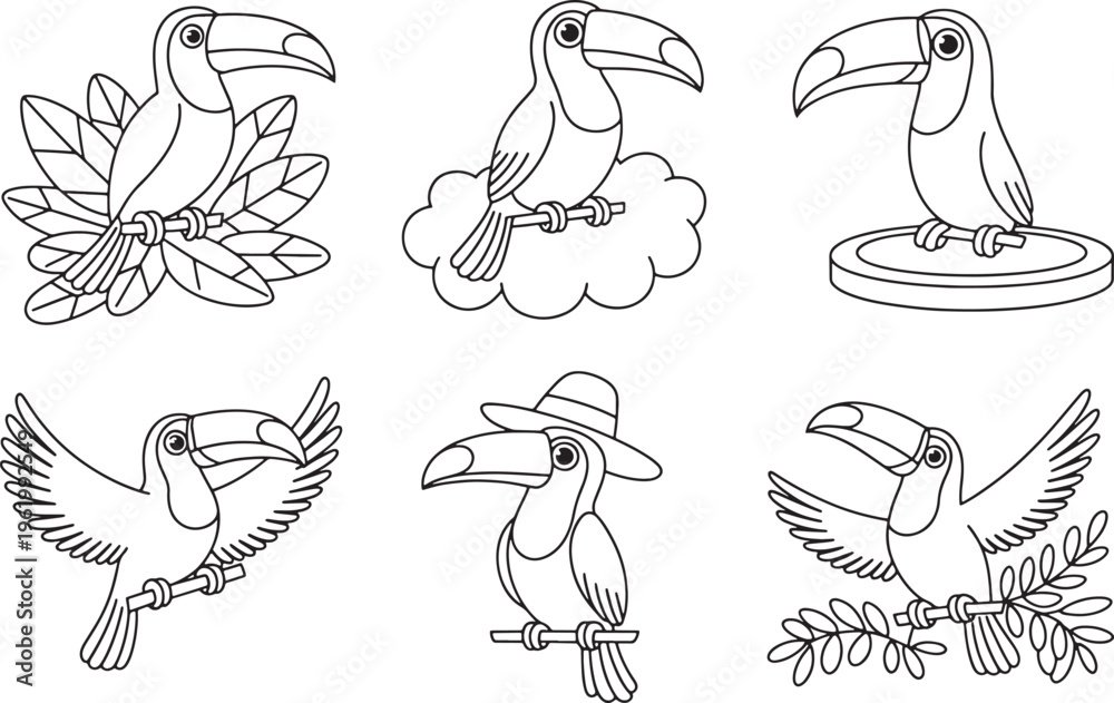 Obraz premium Diverse Toucan Outline Illustrations art bundle set