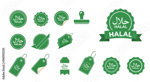A collection of green halal certification stamps and product labels for food and consumer goods
