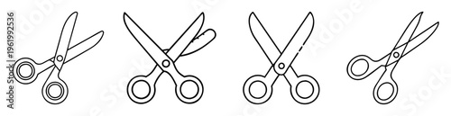 Line art illustration of four scissors in various open and closed positions
