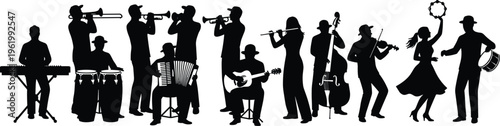 Silhouette diverse music band performance, jazz orchestra musicians playing instruments, singers and dancers, live concert entertainment, artistic black figures isolated on white background