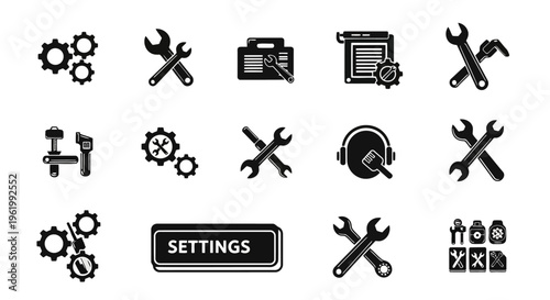A collection of black and white mechanical icons representing various settings and repair tools