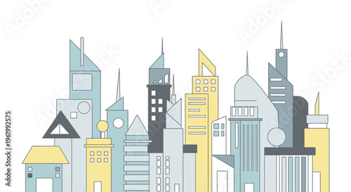 Modern City Skyline Vector Illustration - Geometric Buildings, Flat Design Style