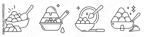 Monochrome outline drawing of small pyramids in bowls with spoons vector set