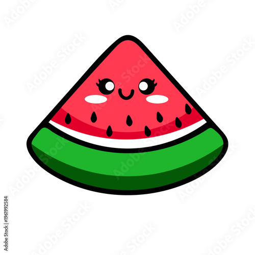 Fotografie A cute cartoon watermelon slice with a smiling face on a white background