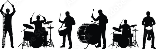 Music band and orchestra silhouettes set, collection of musicians performing with instruments including guitar piano drums violin, live concert ensemble vector illustration design