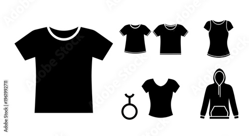A collection of black silhouette icons representing various styles of casual shirts and a hoodie