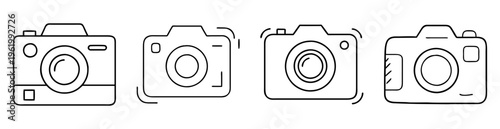 Line art drawing of four different style of camera icons on white