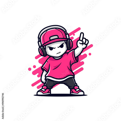 Cool cartoon boy wearing headphones and cap pointing finger up.