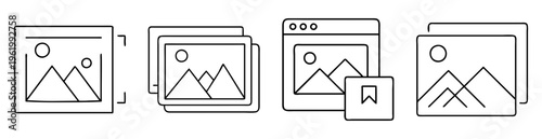 Set of linear illustrations depicting digital photo management and album organization
