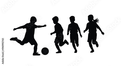 Children playing soccer with a ball depicted in black silhouette
