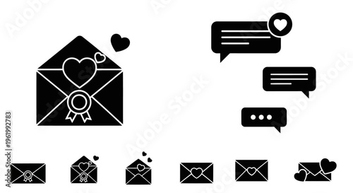 A collection of black icons representing love letters and digital chat messages for communication