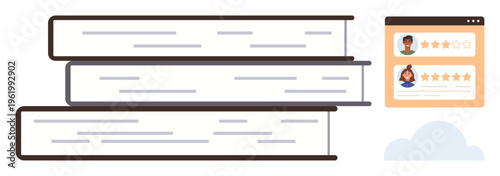 Education, digital learning, book reviews, online ratings, user feedback, knowledge sharing. Stack of books beside a digital interface with star ratings. Education and digital learning