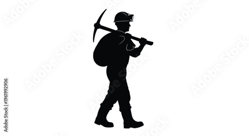 Miner walking with pickaxe and backpack a striking silhouette