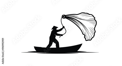 A fisherman on a boat with a net distinctive silhouette