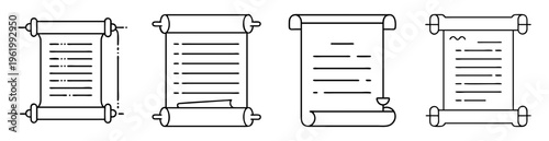 A collection of four old paper scrolls with text in black and white