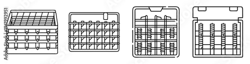 Outlines of four dishwasher racks in different configurations and positions