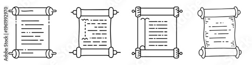 Four stylized scrolls, depicting antique or fantasy manuscripts and ancient texts