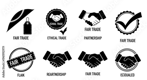 A collection of black and white graphic icons representing fair trade and ethical business practice