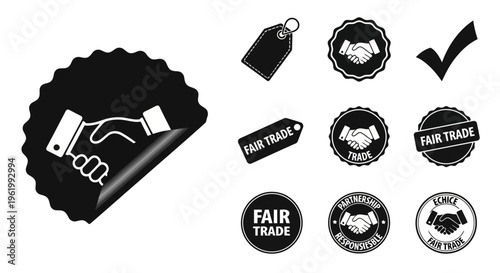 A collection of black and white fair trade icons and labels for ethical commerce and certification