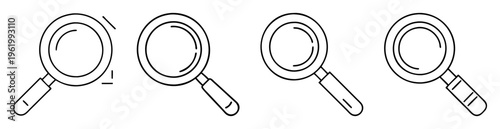 Set of four black and white line drawing style magnifying glasses