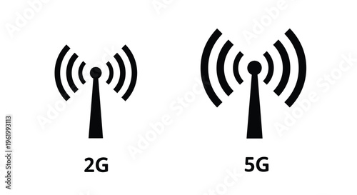 Two cellular tower icons representing 2g and 5g technology silhouette