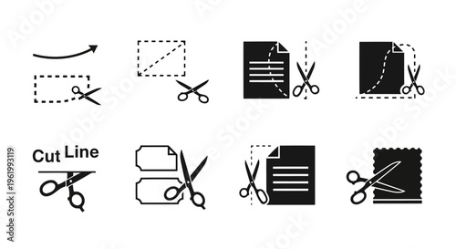 A collection of black vector icons showing various methods for cutting paper with scissors line