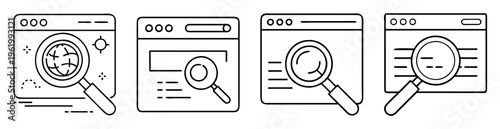 Collection of linear search magnifying glass icons over a website window