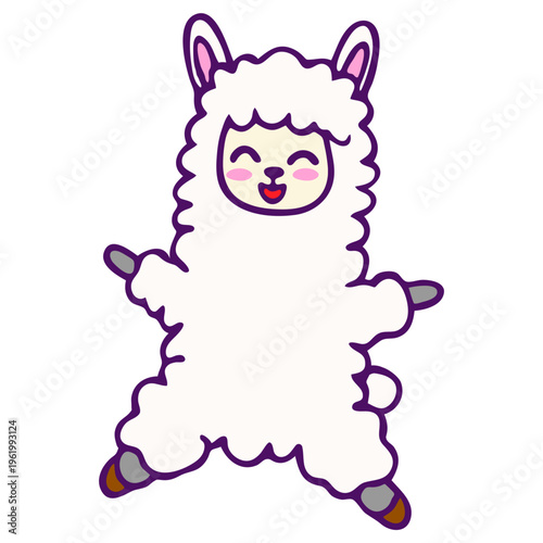 A cute cartoon llama with a happy face and purple accents standing on a white background