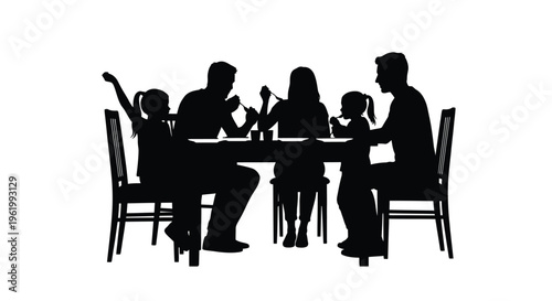 Family enjoying a meal together around a dining table silhouette