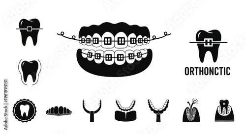 A collection of black and white icons representing orthodontic dental treatments and tooth care