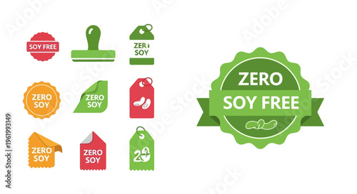 A collection of various zero soy free diet badge and sticker designs for food packaging labels