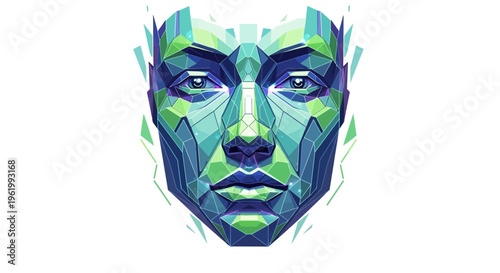 Abstract Geometric Face Portrait, Futuristic Digital Art, Blue and Green Tones