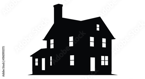 Black silhouette of a classic two story house with a chimney