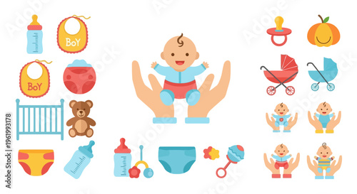 A comprehensive set of colorful vector icons representing essential baby care and nursery supplies