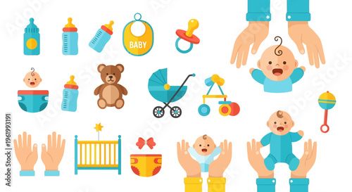 A collection of colorful baby care icons featuring infants, toys, nursery furniture and supplies