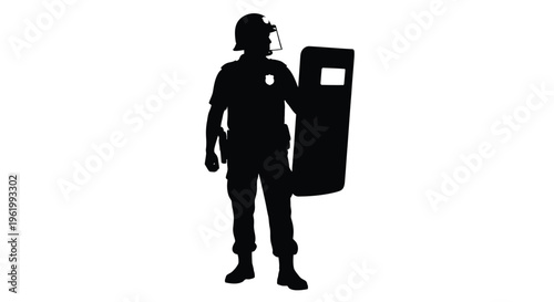 Riot police officer standing guard with shield a stark silhouette