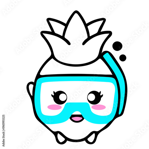 A cartoon pineapple character wearing scuba diving gear and smiling