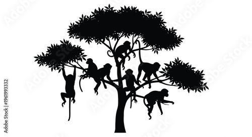 Monkeys playfully climbing within a lush leafy tree silhouette