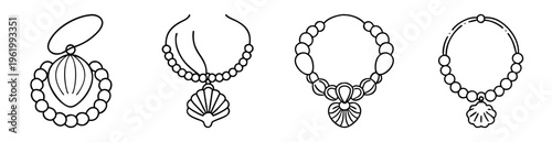 Line art drawing of various types of beaded necklaces with pendants