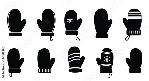Various winter mittens displayed in a simple striking silhouette