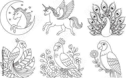 Enchanting mythical creatures and tropical birds a diverse coloring book collection line art bundle set