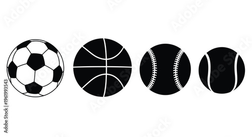 Four common sports balls depicted in a striking black silhouette