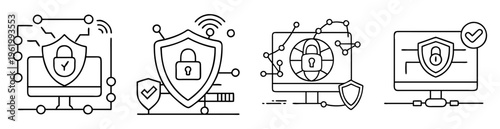 Line art illustrations depicting cybersecurity measures and data protection concepts on computers